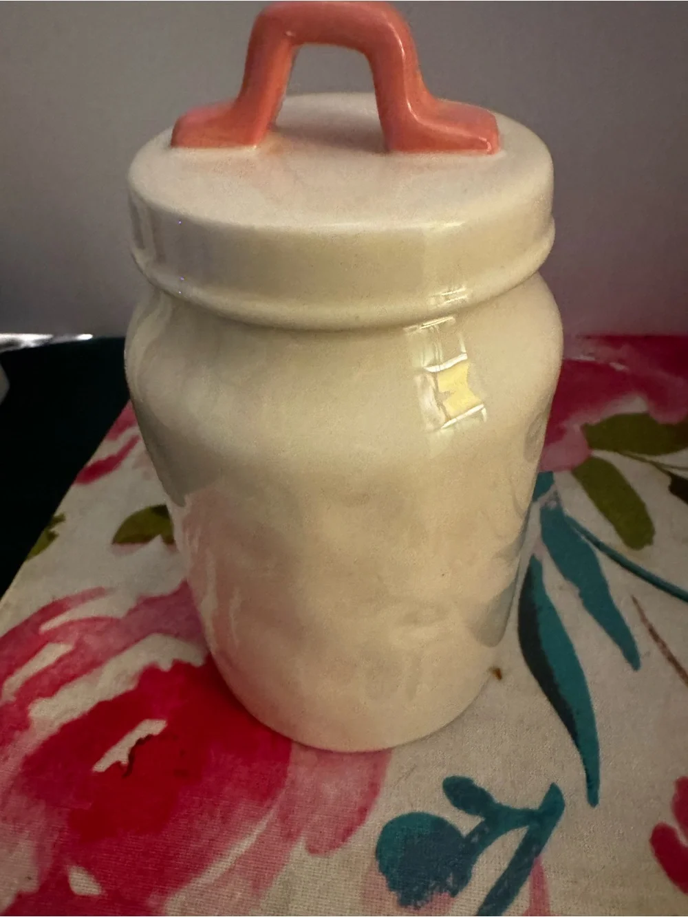 Rae Dunn “Happy Spring” Bunny Rabbit Canister Ivory Pink Handle 7.5” Easter EUC